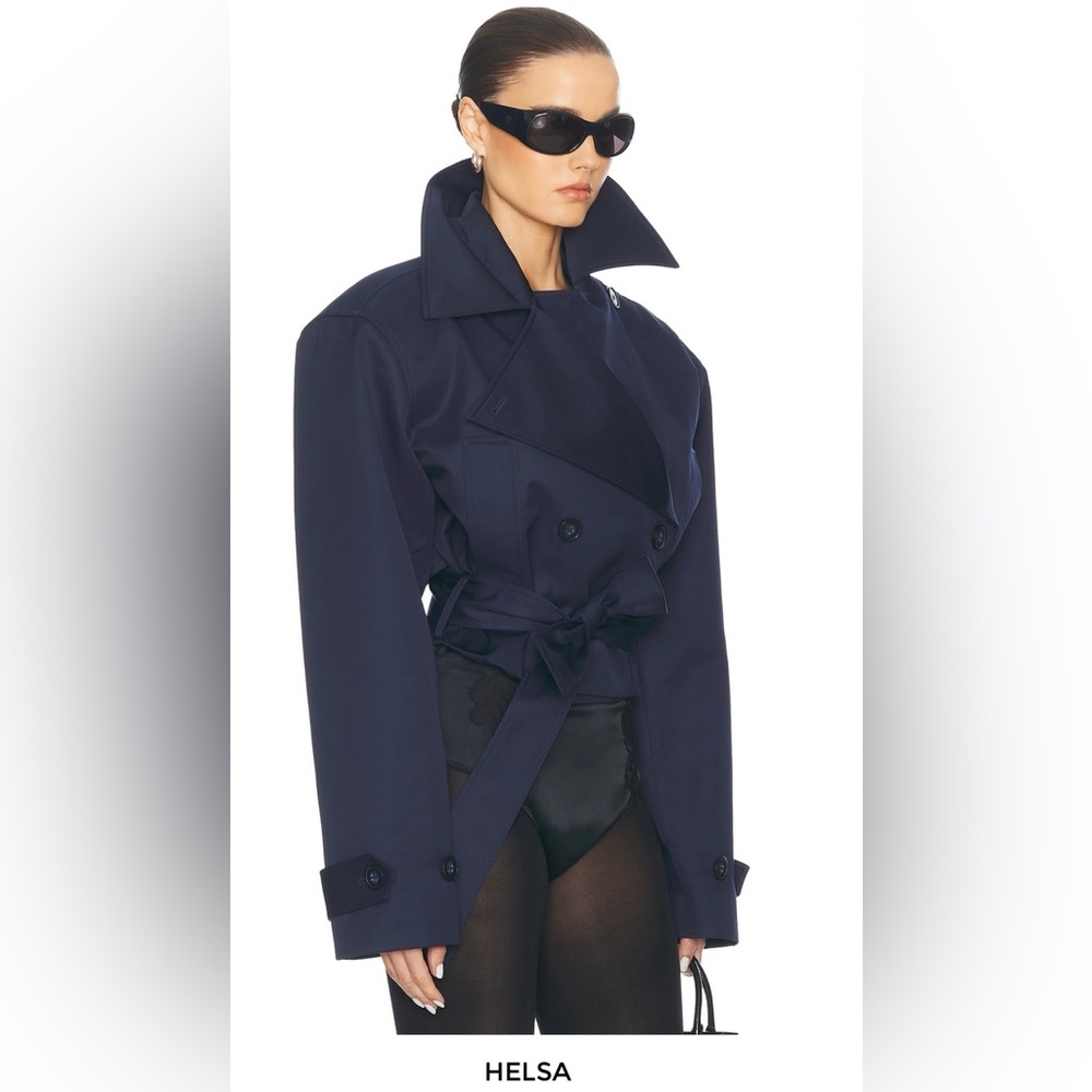 Blue Trench Coat with Notched Lapel and Structured Shoulders